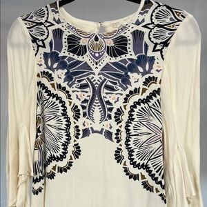 Cream patterned boho bell sleeve shirt